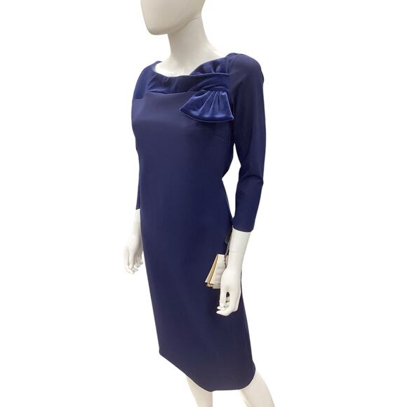 NWT Chiara Boni Dress Size 14 Made In Italy Decorative Satin Bow Navy Blue - Picture 2 of 6